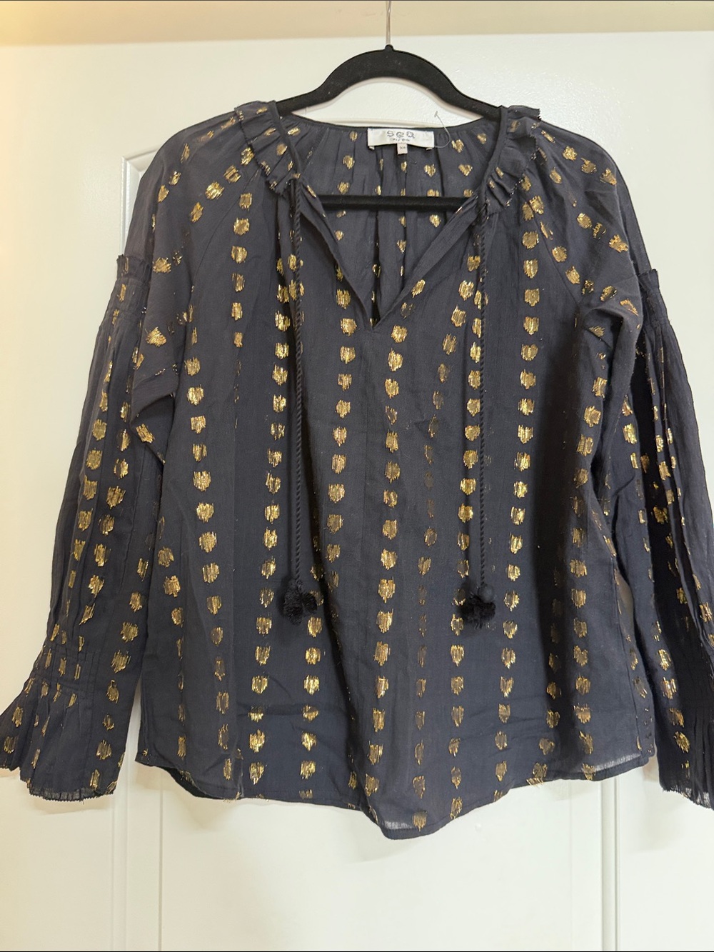 Sea New York Black Blouse with Gold Foil Stripes NWOT